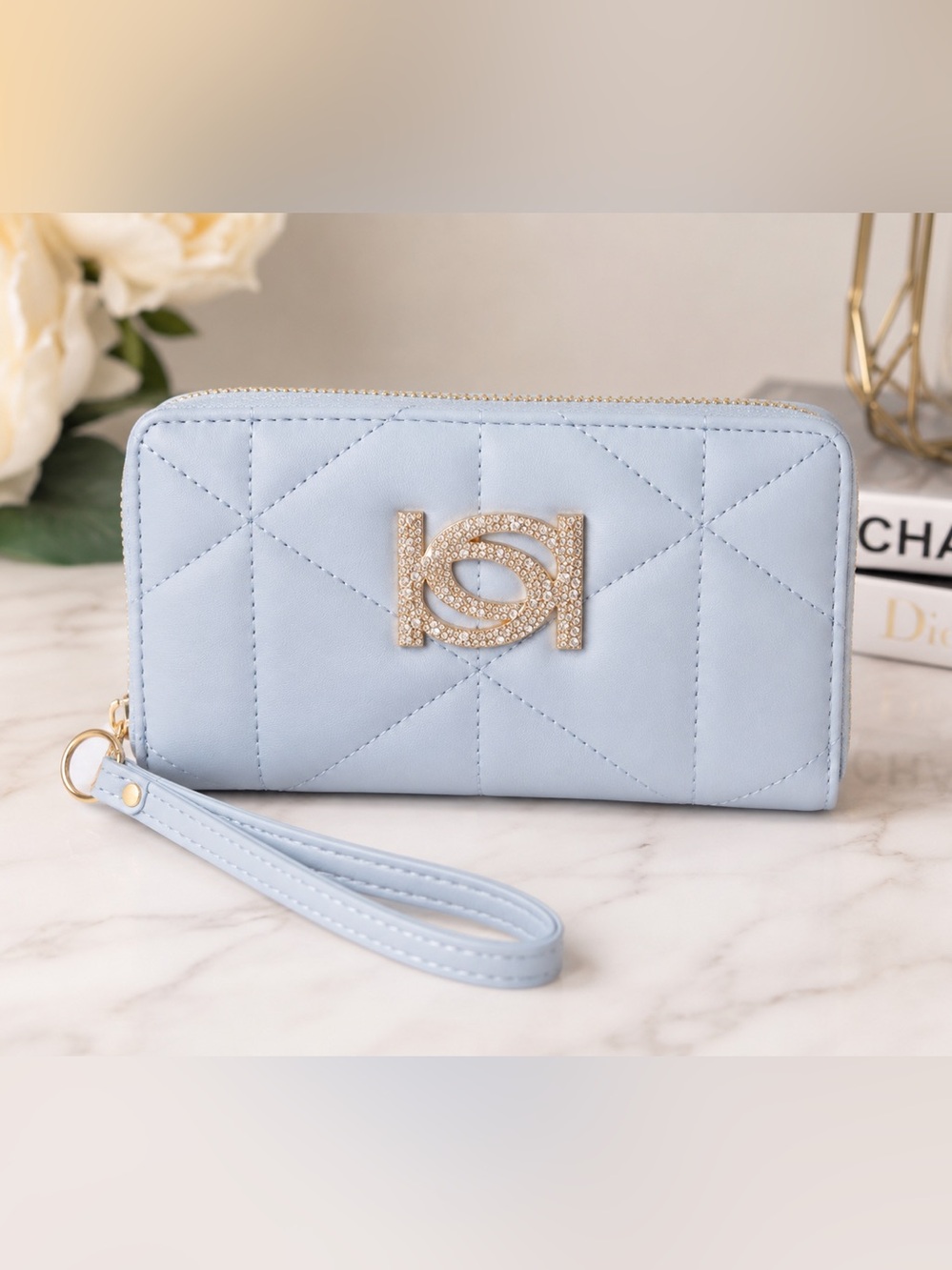 Bebe Light Blue Quilted Zip Around Wallet NWT Rhinestone Logo Wristlet